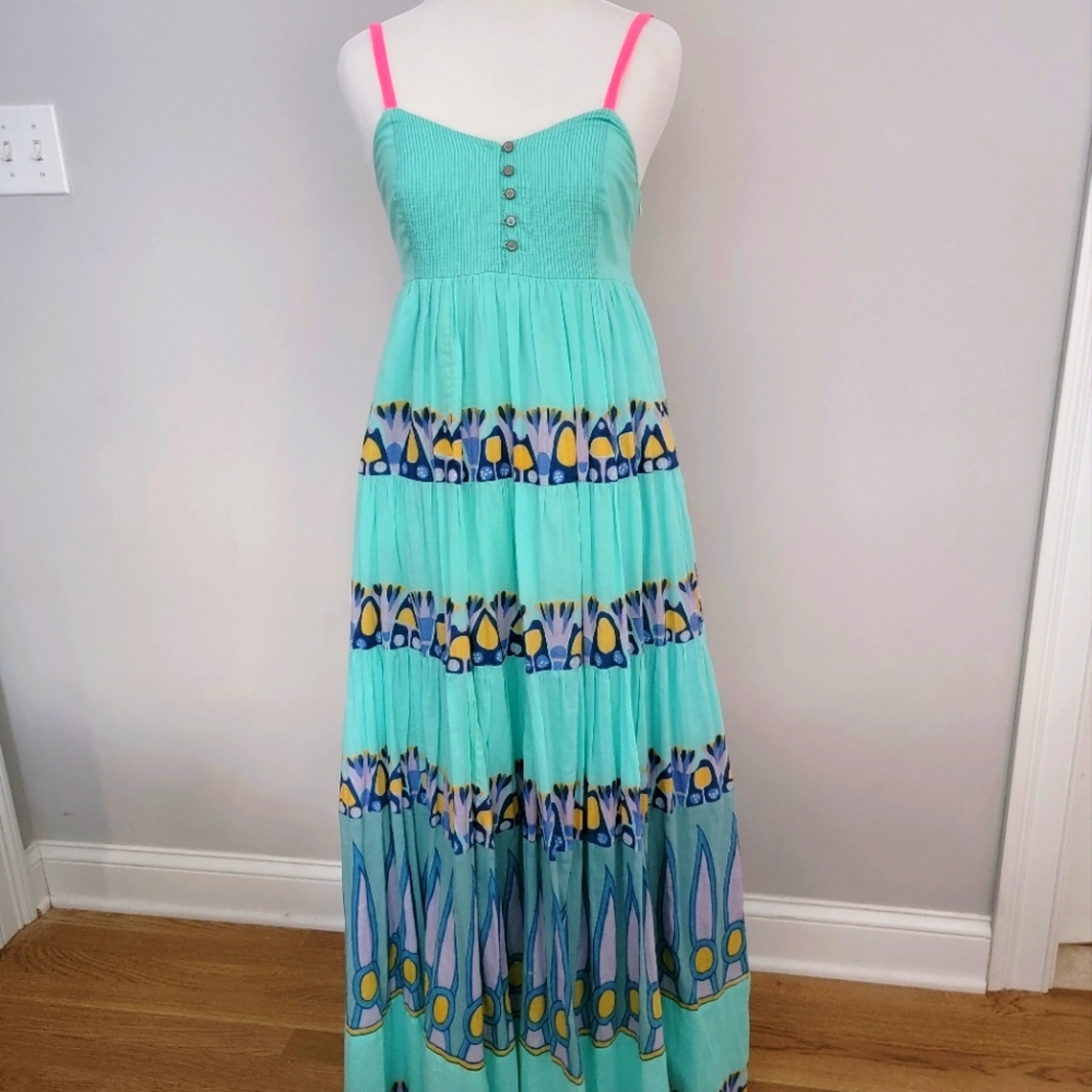 Anthropologie Anupama Tiered Maxi Dress Teal Blue XS